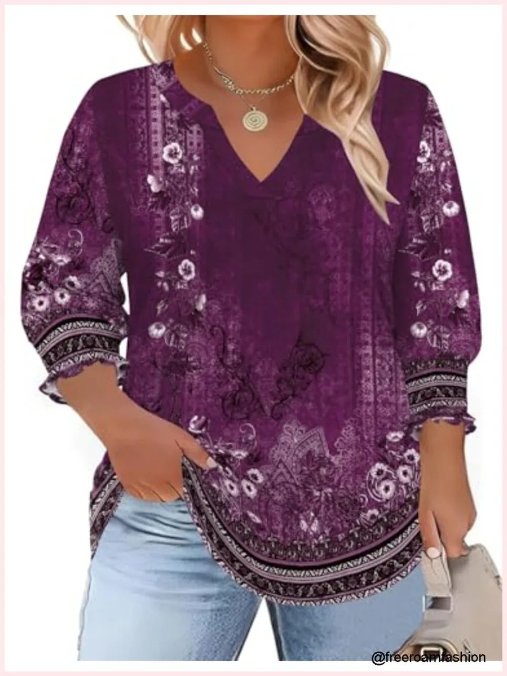 Plus Size Tunic Blouse 3/4 Sleeve V Neck Smocked Cuffs